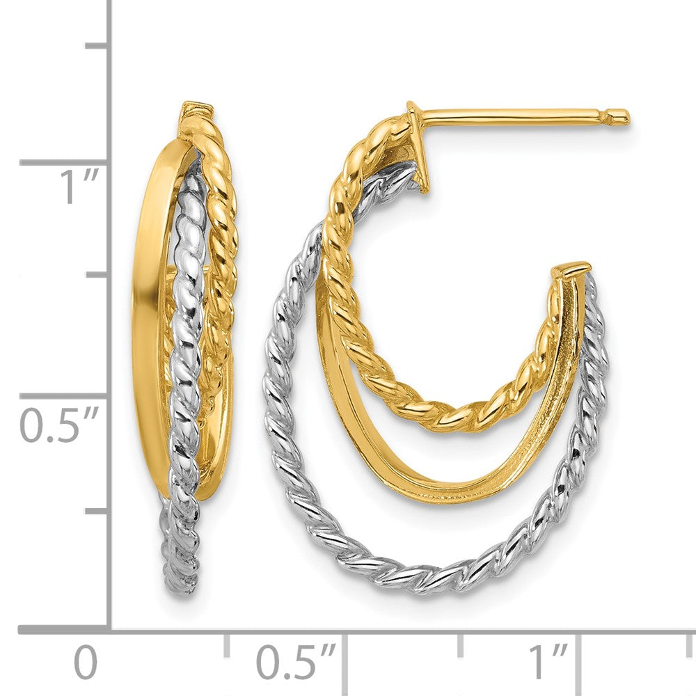 10K Yellow Rhodium White Polished/Twisted Oval J Hoop Post Earrings