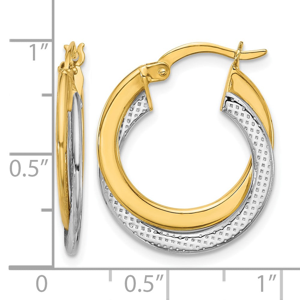 10K Yellow Rhodium With Polished And Textured Fancy Hoop Earrings