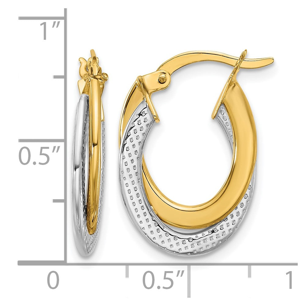 10K Yellow Rhodium With Polished And Textured Fancy Hoop Earrings
