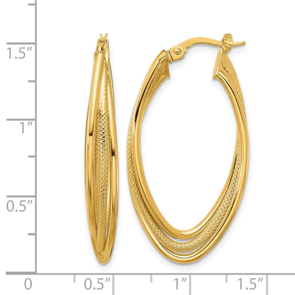 10K Yellow Gold Polished And Textured Triple Oval Twist Hoop Earrings