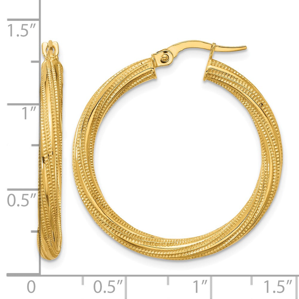 10K Yellow Gold Polished And Textured Twisted Tube Hoop Earrings