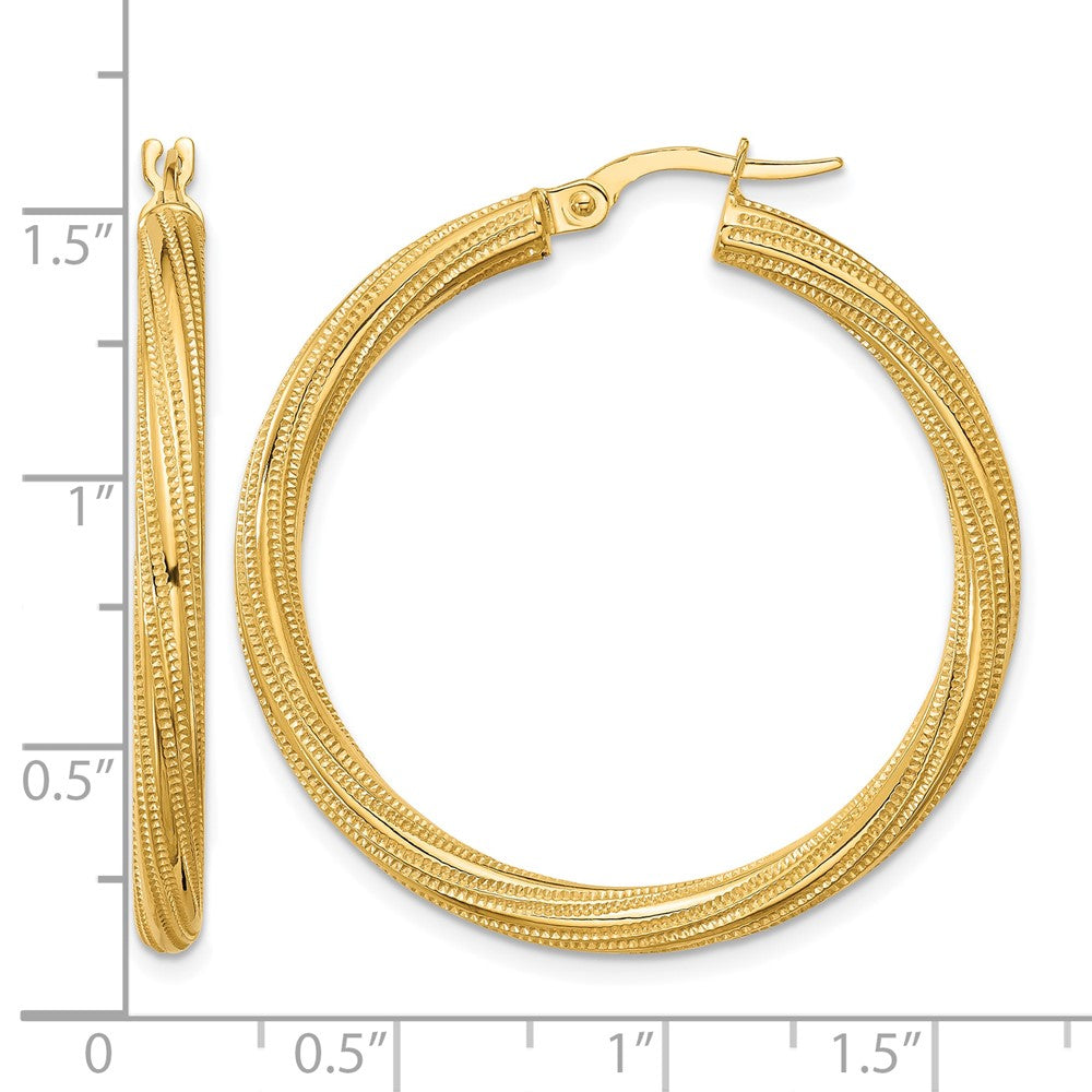 10K Yellow Gold Polished And Textured Twisted Tube Hoop Earrings