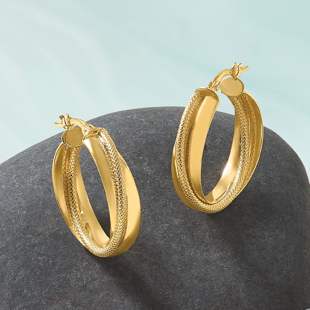 10K Yellow Gold Polished And Textured Round Hoop Earrings