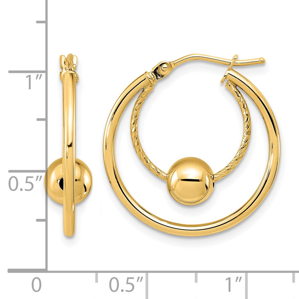 10K Yellow Gold Polished Textured W/ 6mm Ball Hoop Earrings