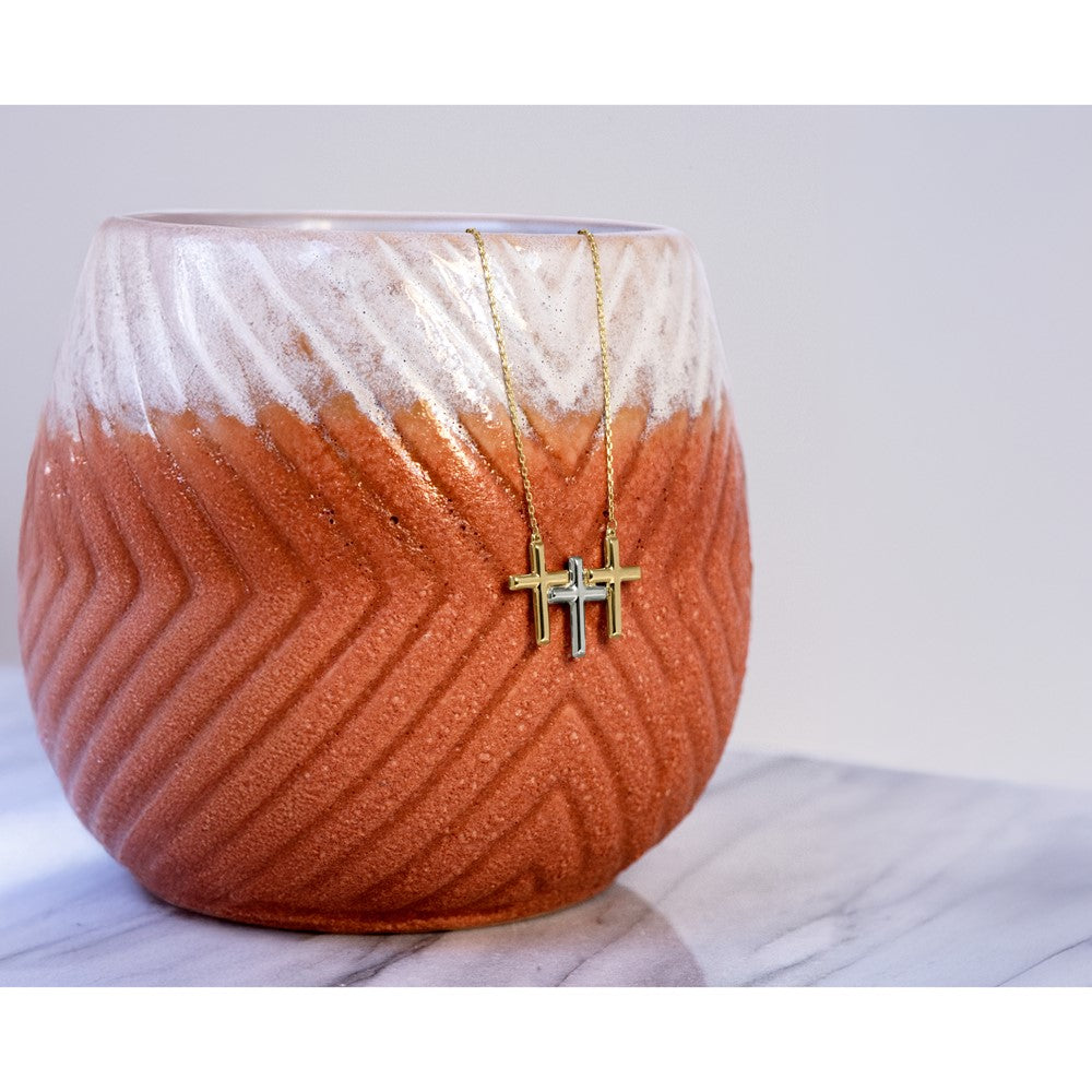 10K Two Tone Polished 3 Cross Necklace