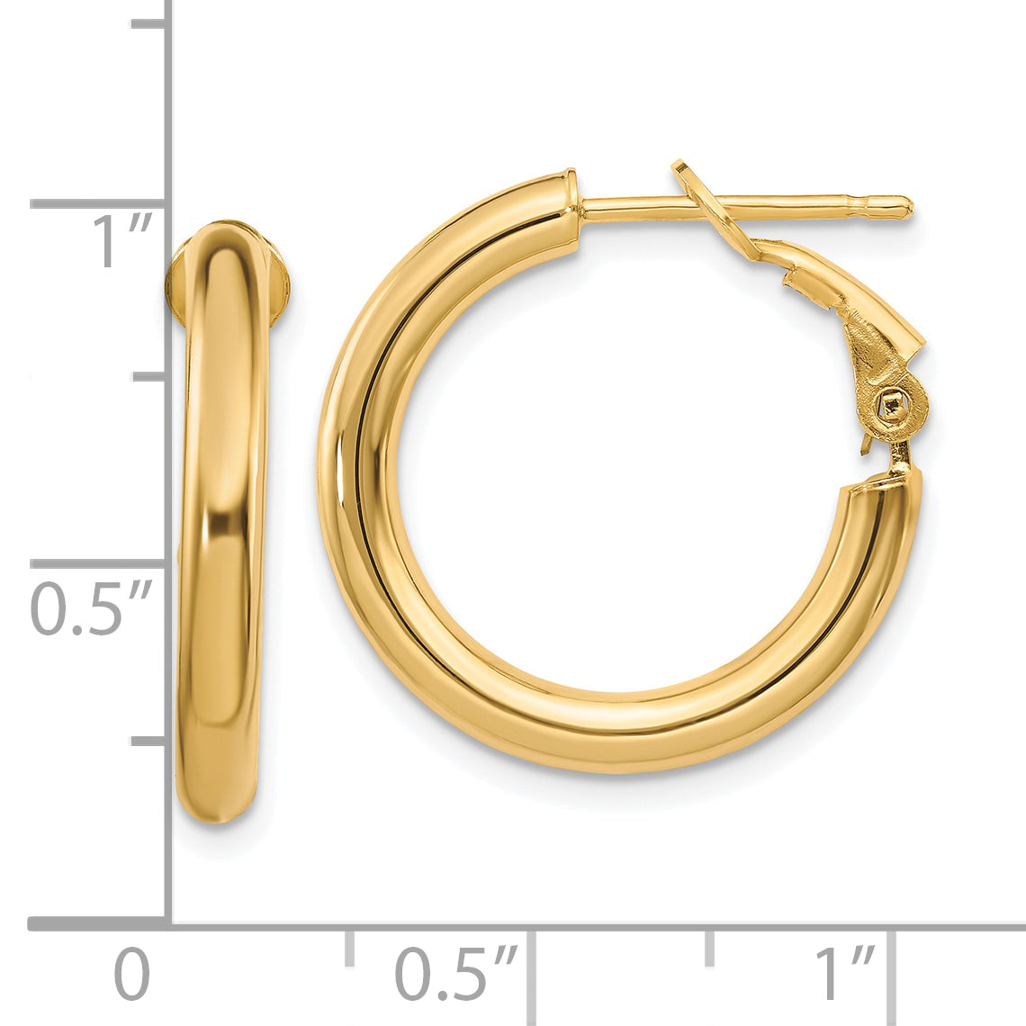 10K Yellow Gold 3X15mm Polished Round Omega Back Hoop Earrings