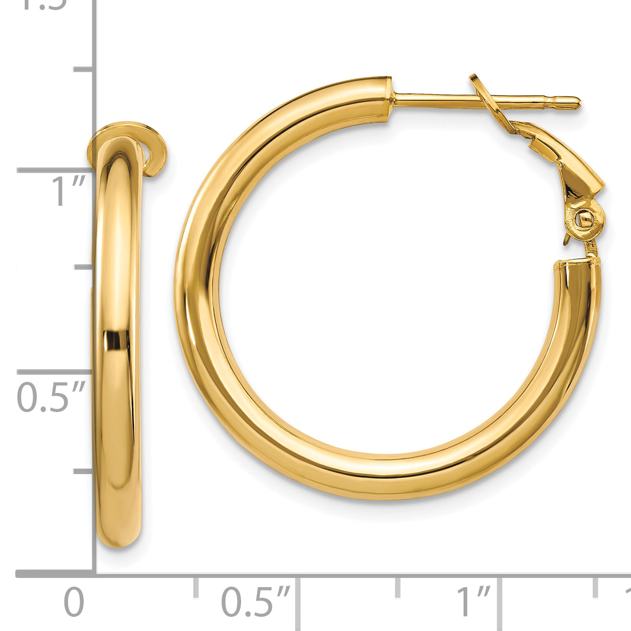 10K Yellow Gold 3X20mm Polished Round Omega Back Hoop Earrings