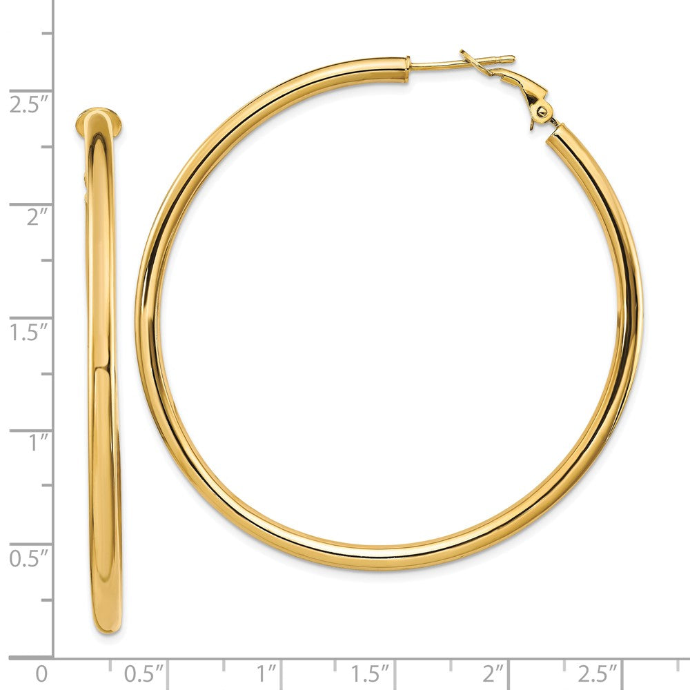 10K Yellow Gold 3X50mm Polished Round Omega Back Hoop Earrings