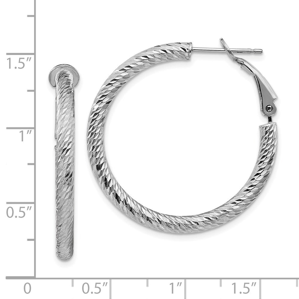 10K White Gold 3X25 Diamond-Cut Round Omega Back Hoop Earrings