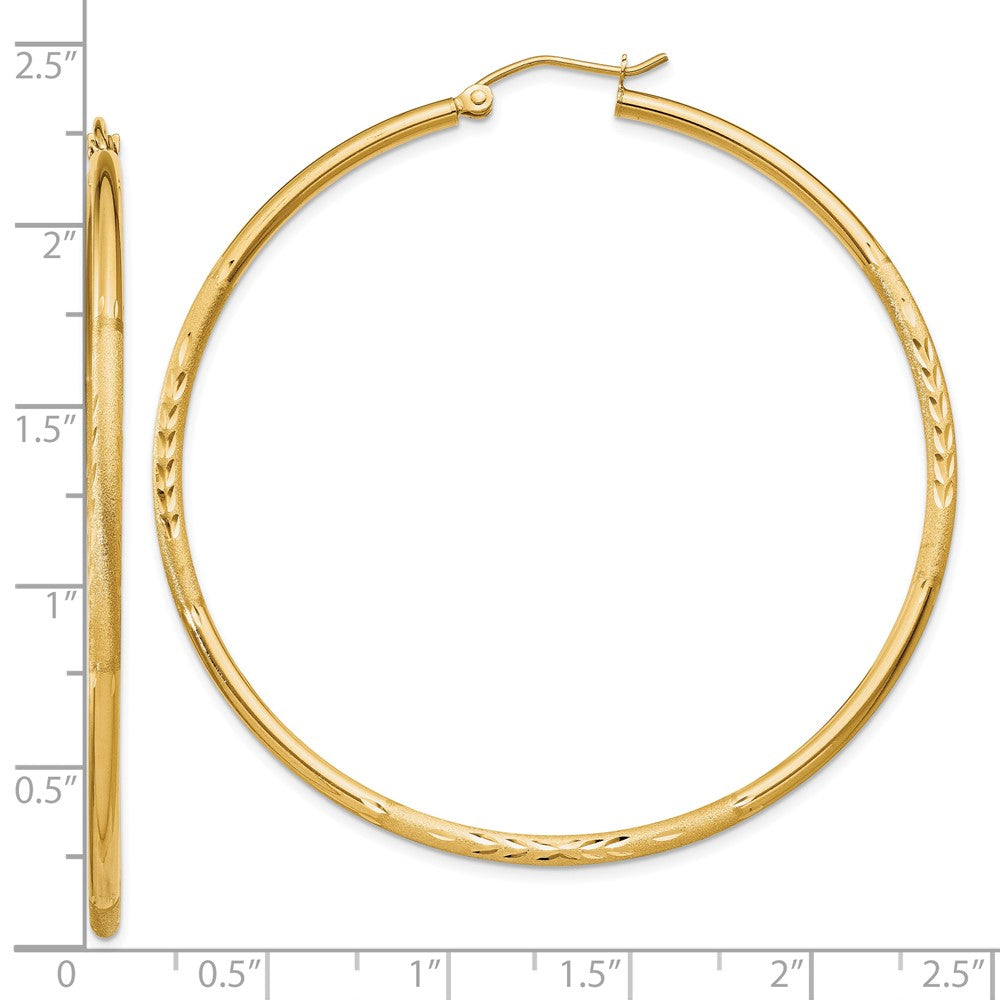 10K Yellow Gold Satin And Diamond-Cut 2mm Round Tube Hoop Earrings