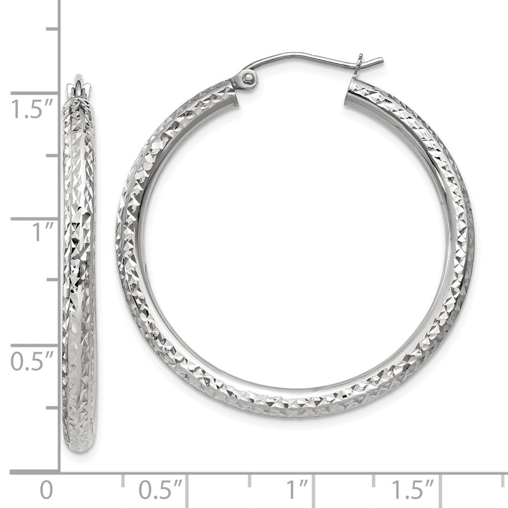 10K White Gold Diamond-Cut 3mm Round Hoop Earrings