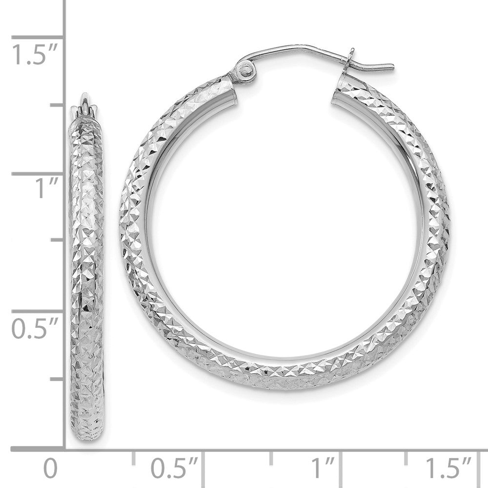 10K White Gold Diamond-Cut 3mm Round Hoop Earrings