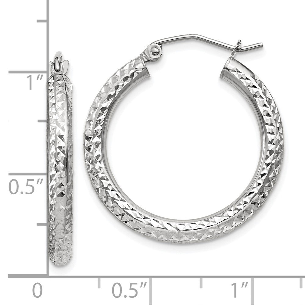 10K White Gold Diamond-Cut 3mm Round Hoop Earrings