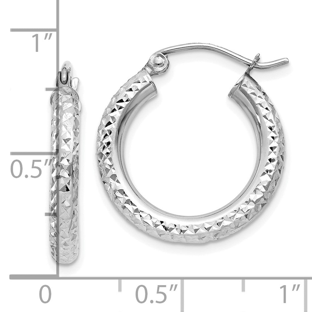10K White Gold Diamond-Cut 3mm Round Hoop Earrings