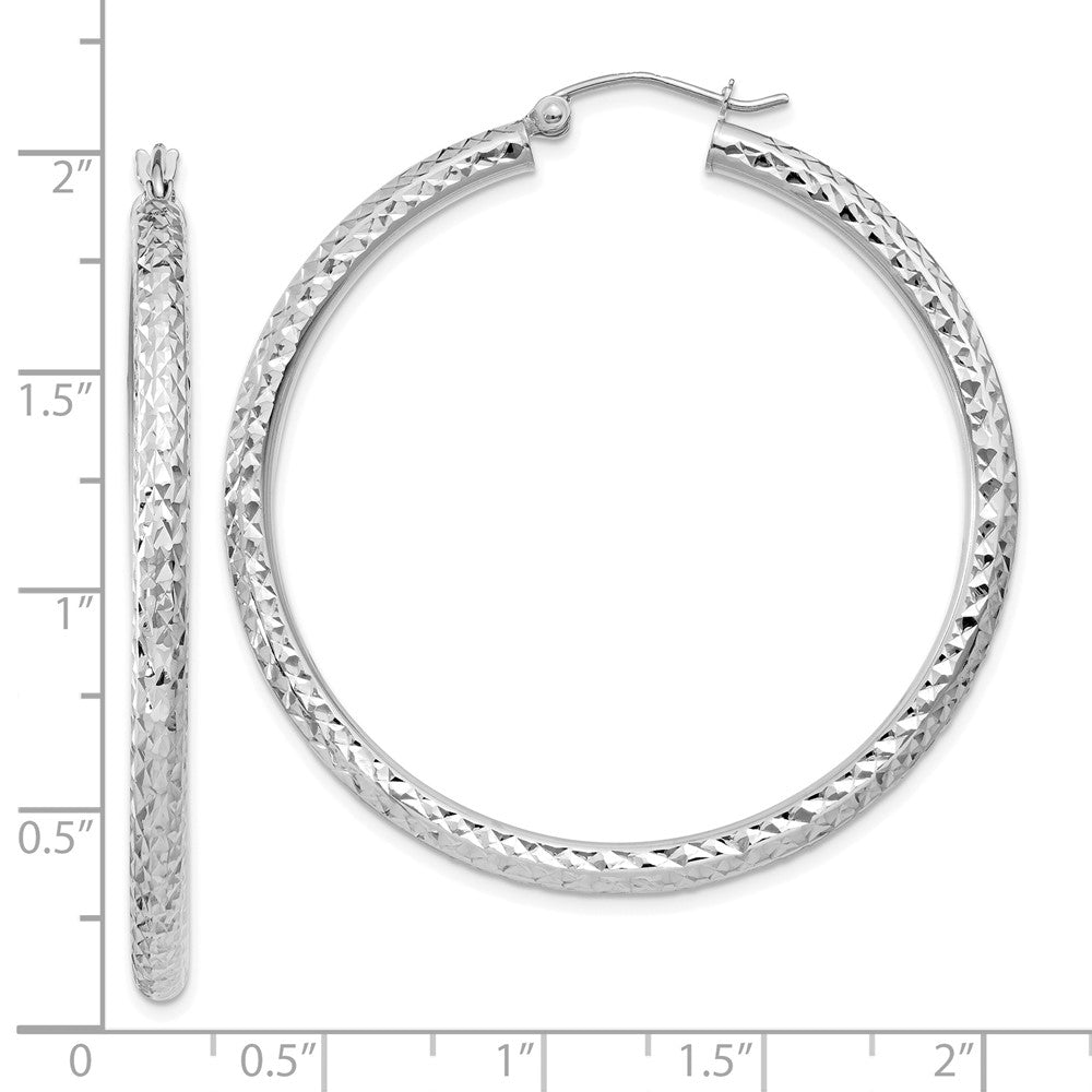10K White Gold Diamond-Cut 3mm Round Hoop Earrings