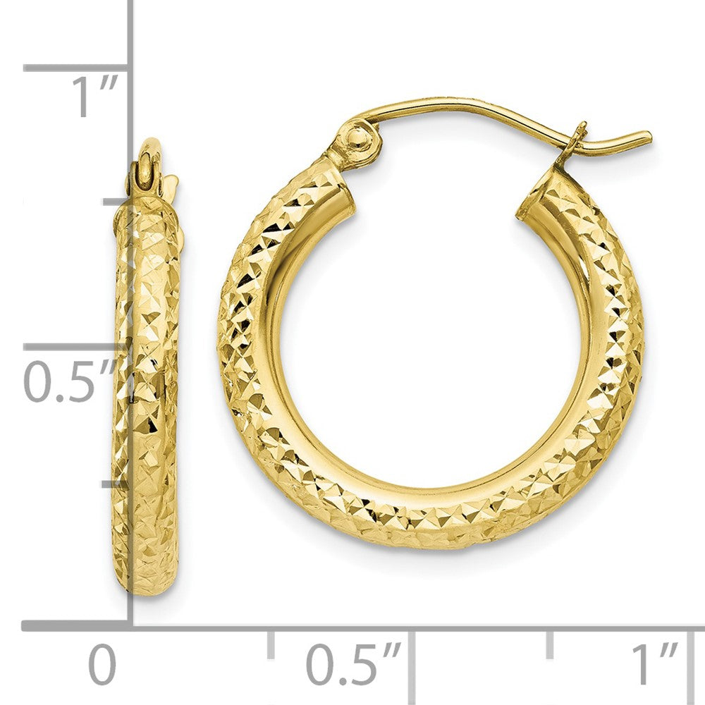 10K Yellow Gold Diamond-Cut 3mm Round Hoop Earrings