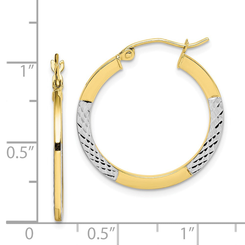 10K Yellow W/Rhodium & Rhodium Diamond Cut 2.5X20mm Hoop Earrings