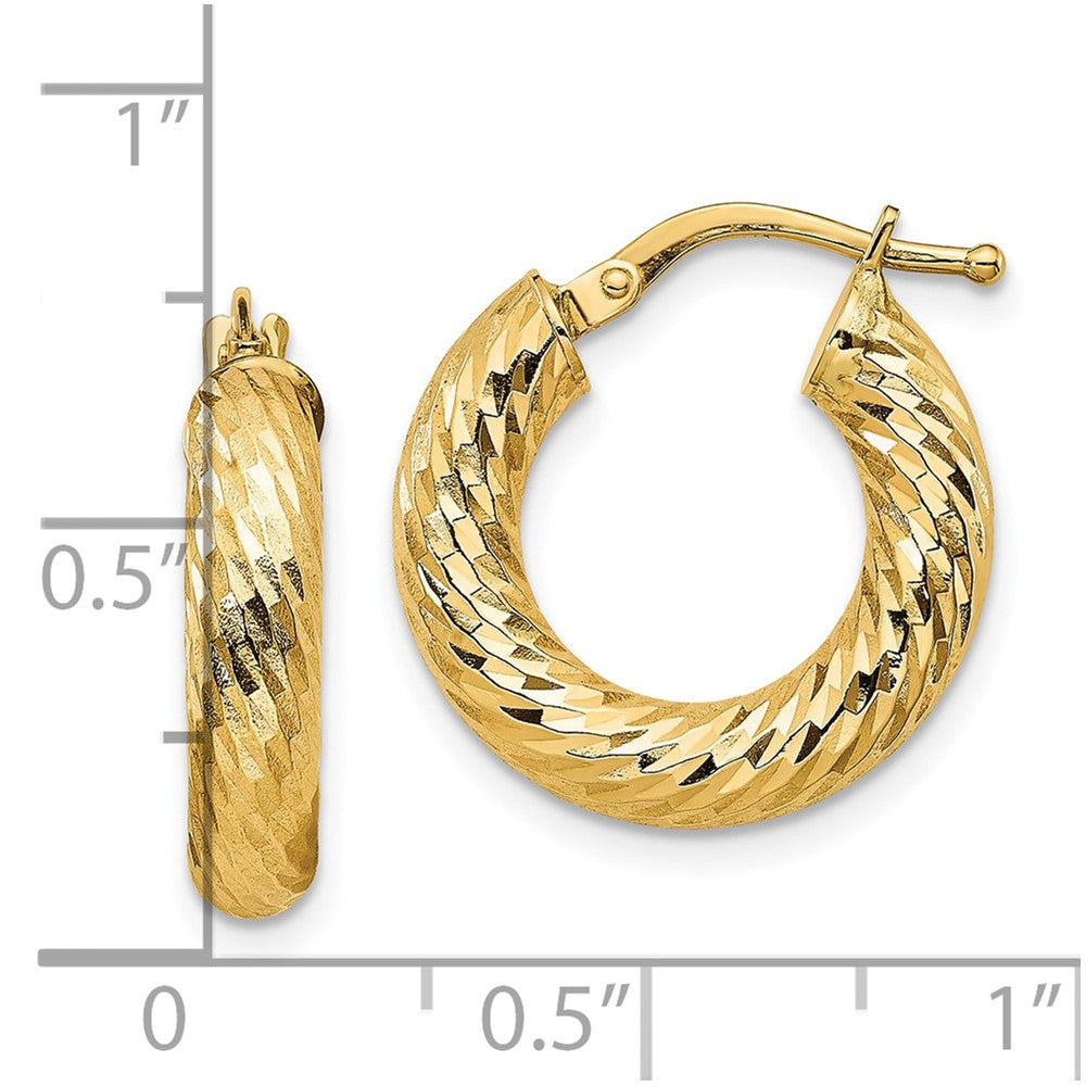 10K Yellow Gold 4X10mm Diamond-Cut Round Hoop Earrings
