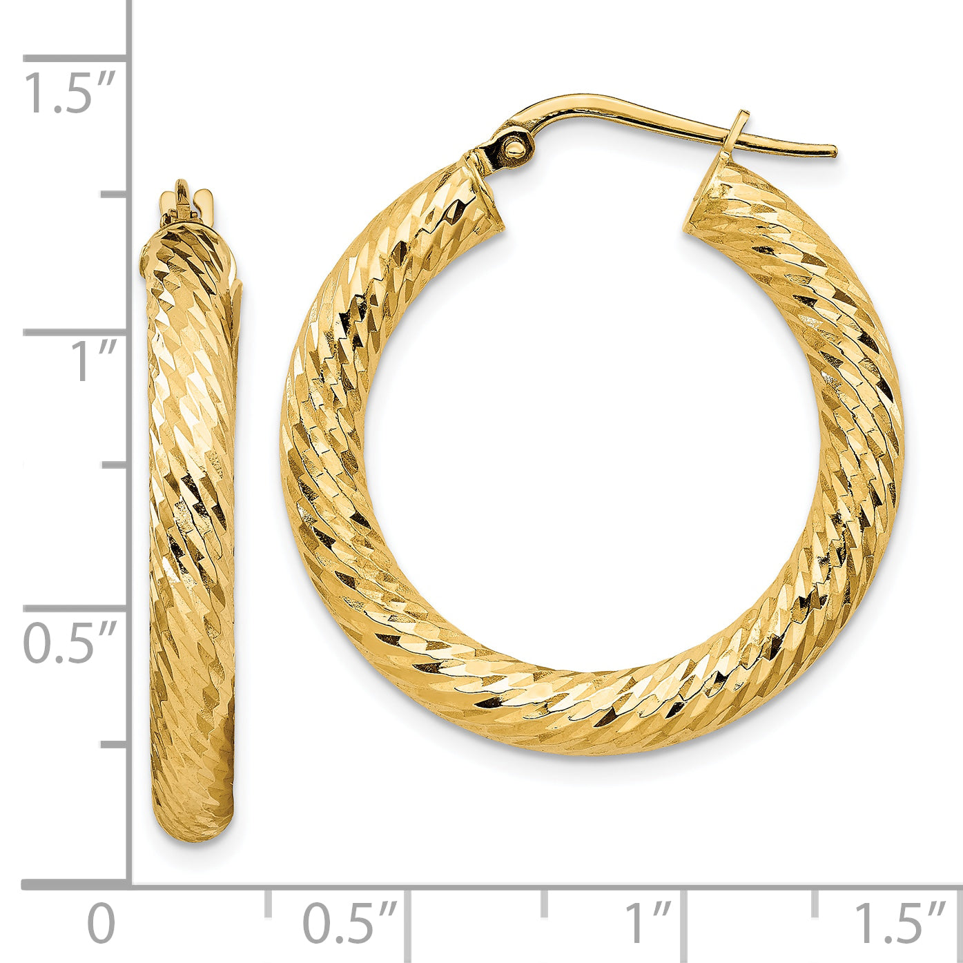 10K Yellow Gold 4X20mm Diamond-Cut Round Hoop Earrings