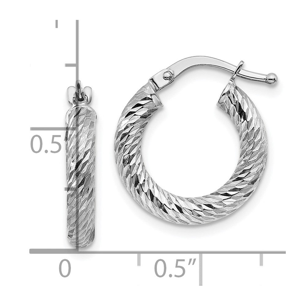 10K White Gold 3X10 Diamond-Cut Round Hoop Earrings