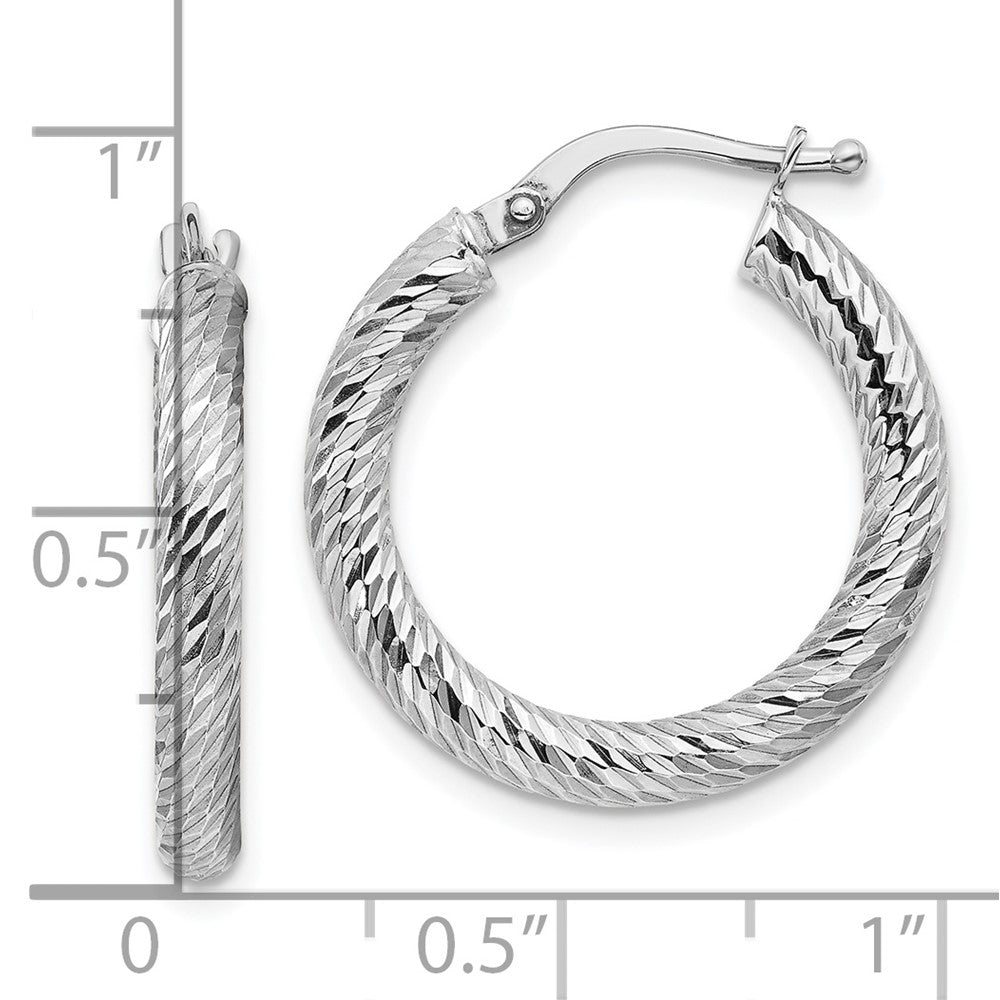 10K White Gold 3X15 Diamond-Cut Round Hoop Earrings