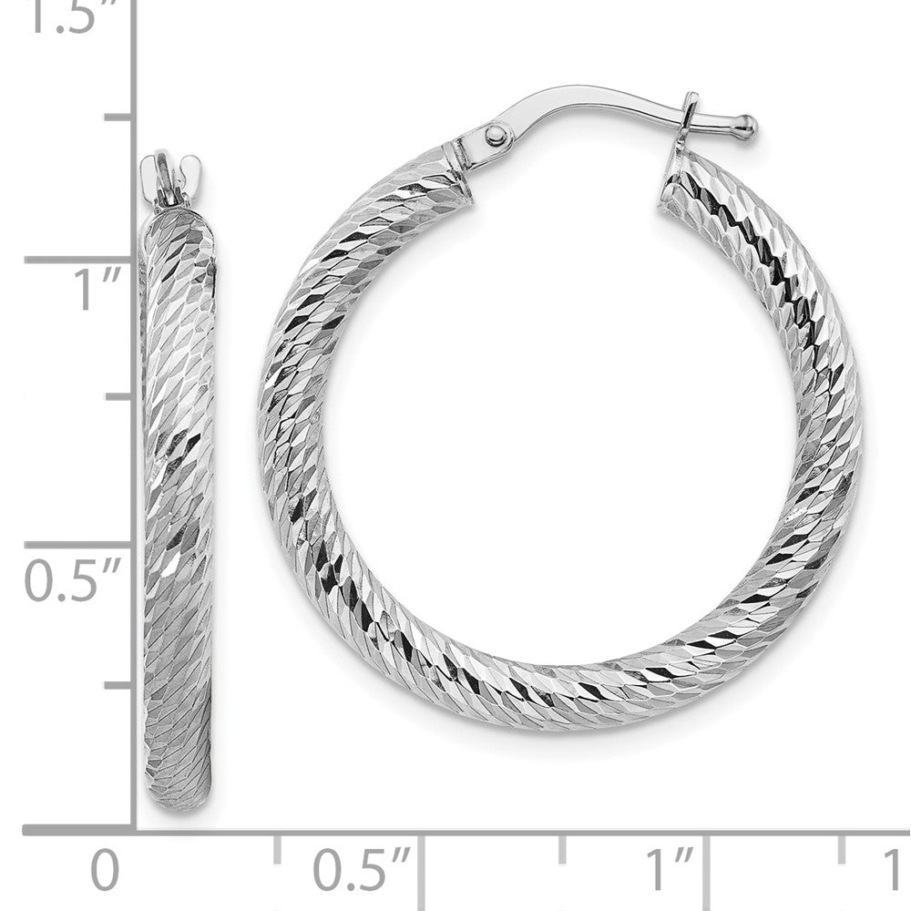 10K White Gold 3X20 Diamond-Cut Round Hoop Earrings