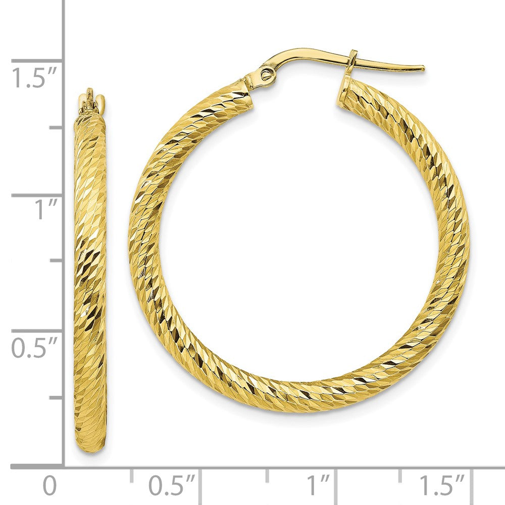 10K Yellow Gold 3X25 Diamond-Cut Round Hoop Earrings