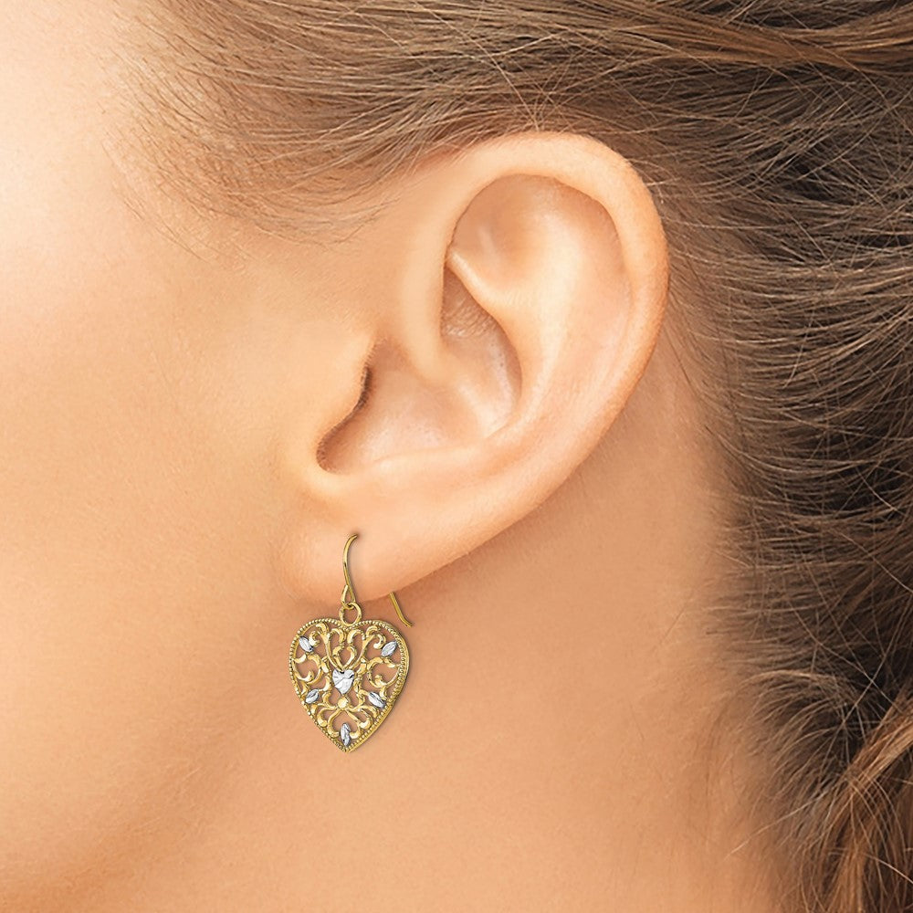 10K Yellow W/Rhodium W/ Rh Filigree Cut-Out Heart Wire Earrings