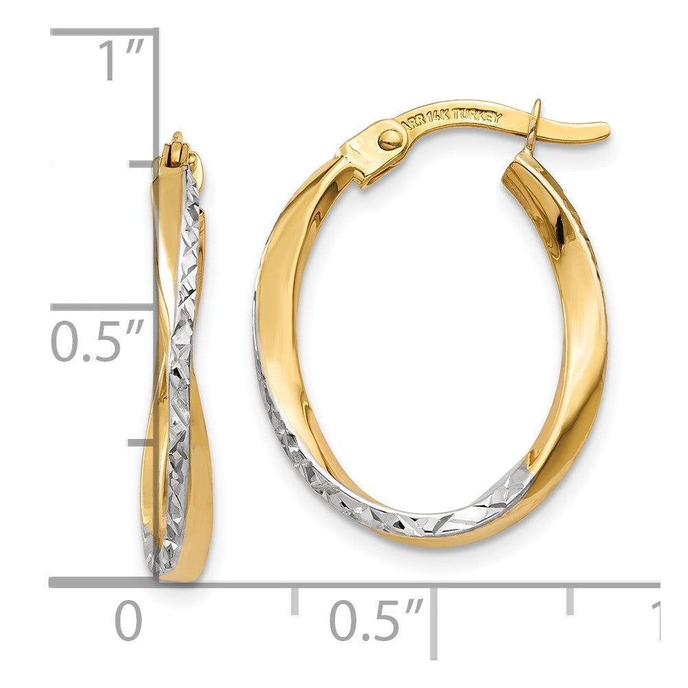 10K Yellow W/Rhodium W/White Rhodium Textured And Polished Oval Hoop Earrings