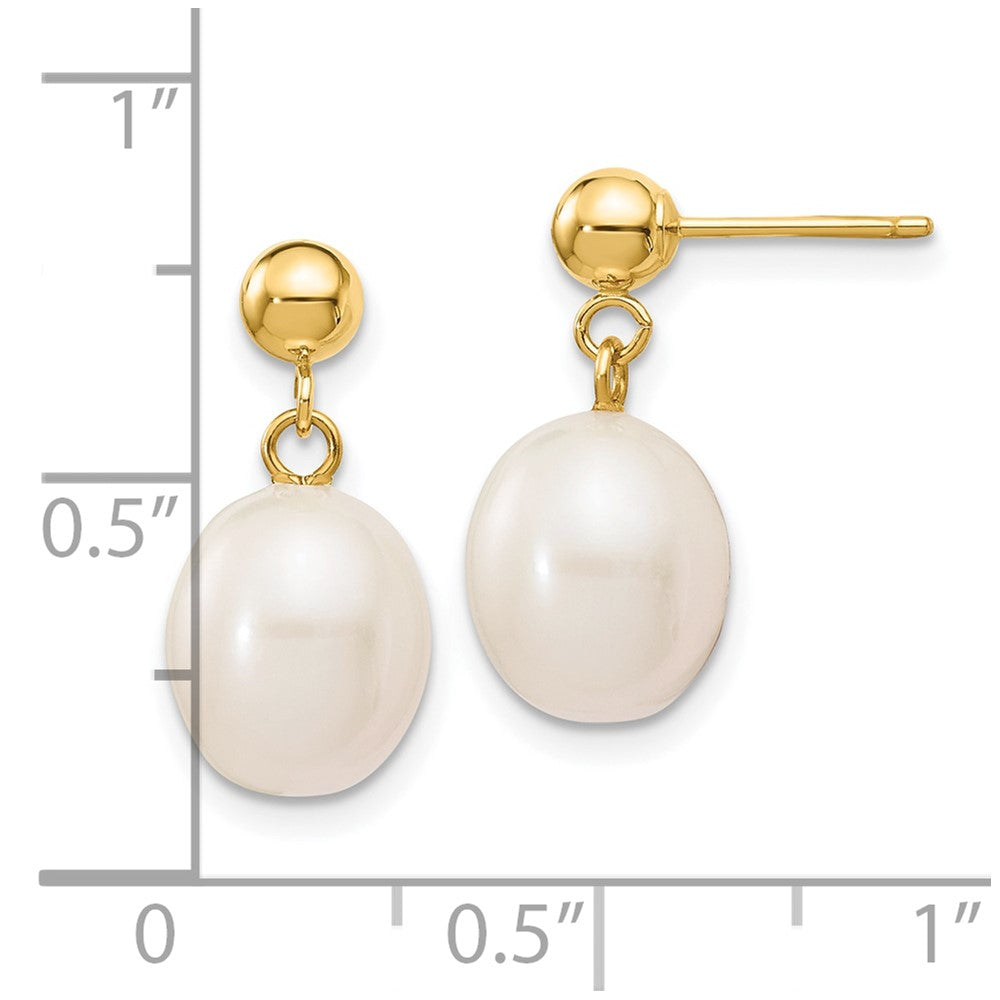 10K Yellow Gold 8-9mm White Rice Freshwater Cultured Pearl Dangle Post Earrings
