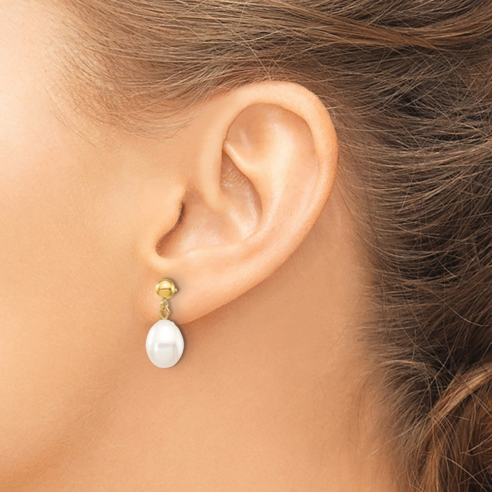 10K Yellow Gold 7-8mm White Rice Freshwater Cultured Pearl Dangle Post Earrings
