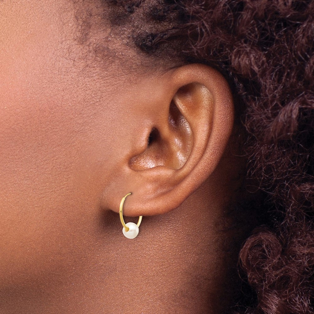 10K Yellow Gold 5-6mm White Semi-Round Freshwater Cultured Pearl Endless Hoop Earrings