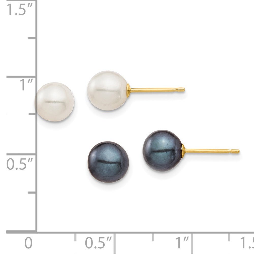 10K Yellow Gold 10K 6-7mm Black And White Round Freshwater Pearl 2 Pair Stud Post Earrings Set