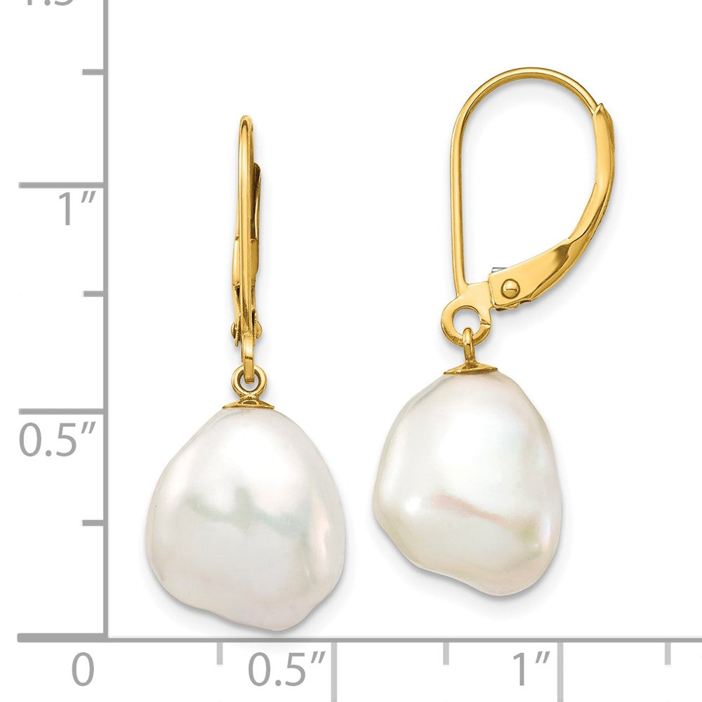 10K Yellow Gold 10K 10X12mm White Keshi Freshwater Cultured Pearl Leverback Earrings