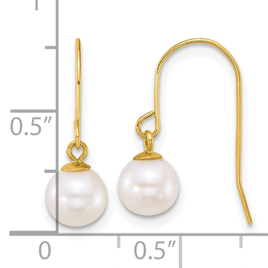 10K Yellow Gold Polished 6-7mm Round White Freshwater Culture Pearl Dangle Shepherd Hook Earrings