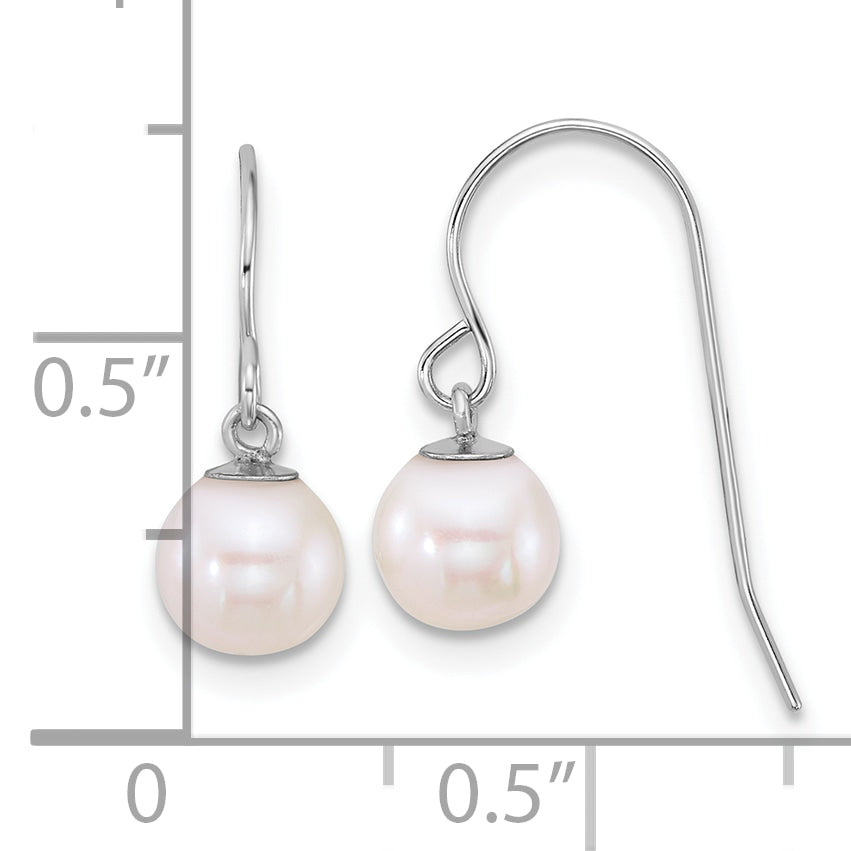 10K White Gold Polished 6-7mm Round Freshwater Culture Pearl Dangle Shepherd Hook Earrings