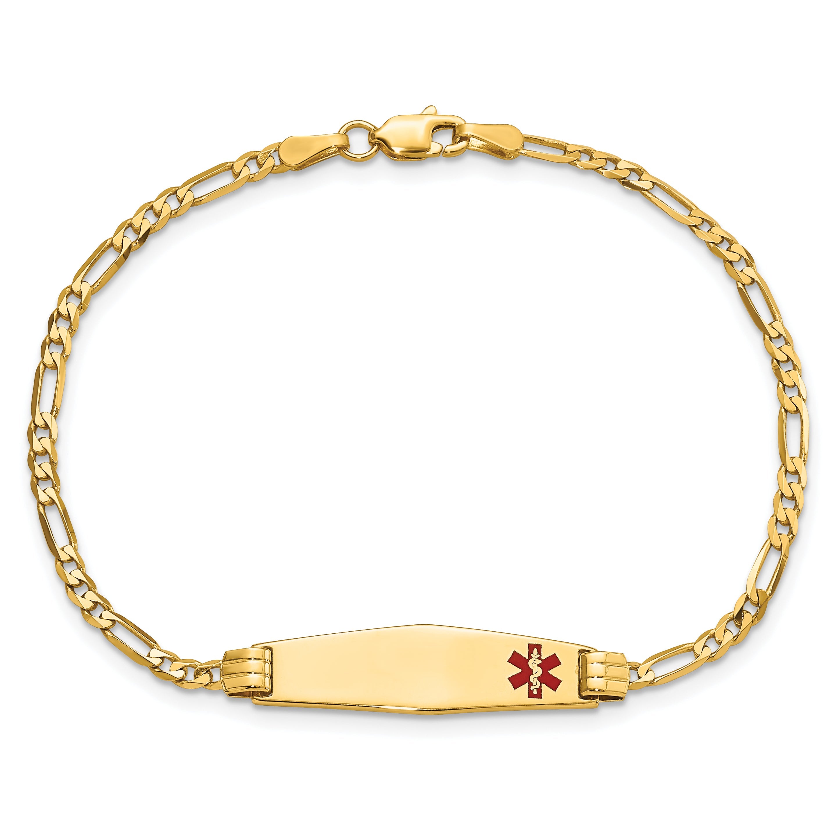 10K Yellow Gold Medical Soft Diamond Shape Red Enamel Figaro Id Bracelet