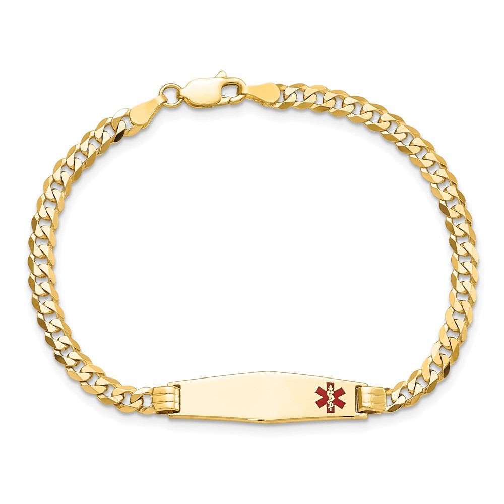 10K Yellow Gold Medical Soft Diamond Shape Red Enamel Curb Link Id Bracelet