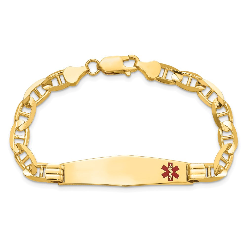 10K Yellow Gold Medical Soft Diamond Shape Red Enamel Anchor Link Id Bracelet