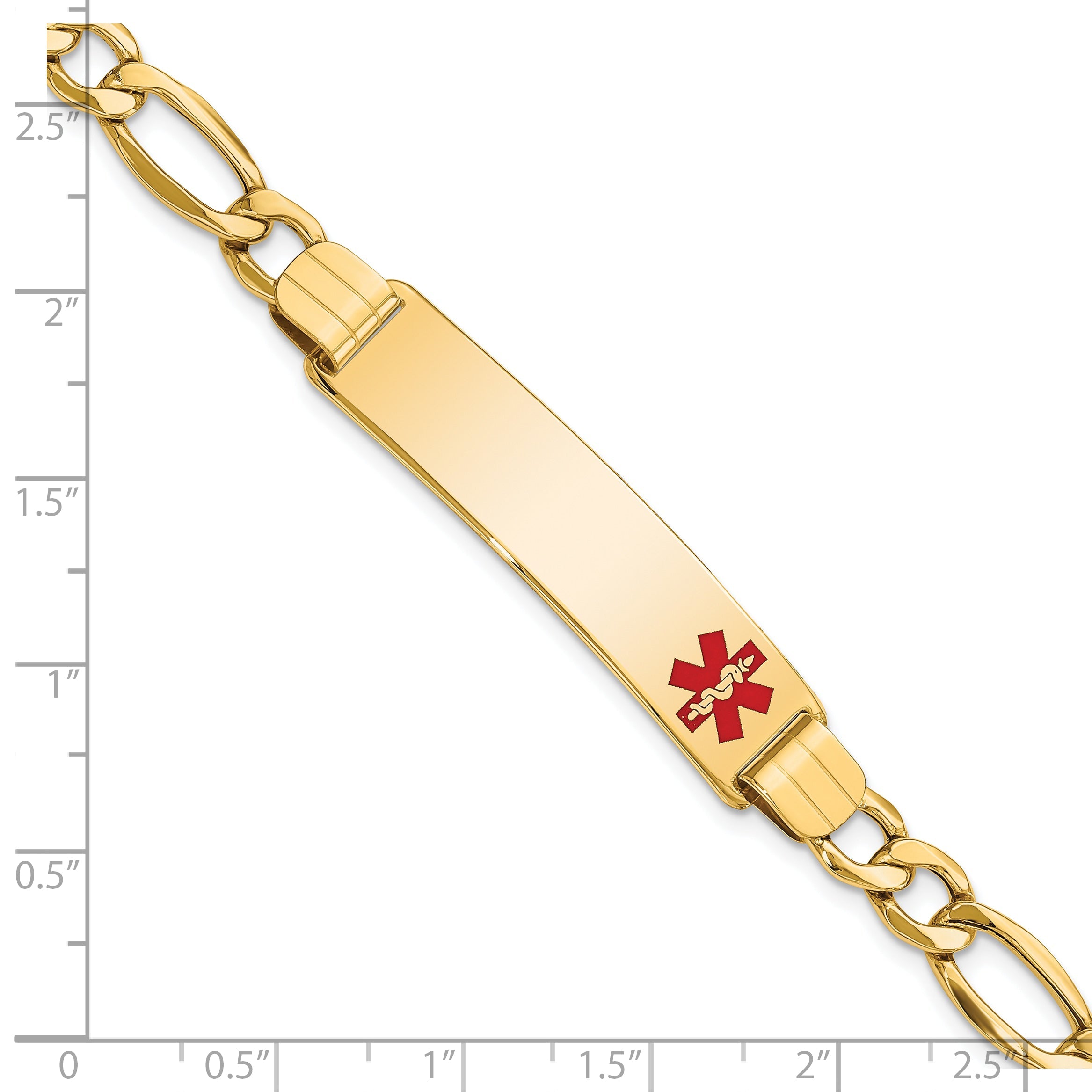 10K Yellow Gold Semi-Solid Medical Polished Red Enamel Figaro Id Bracelet