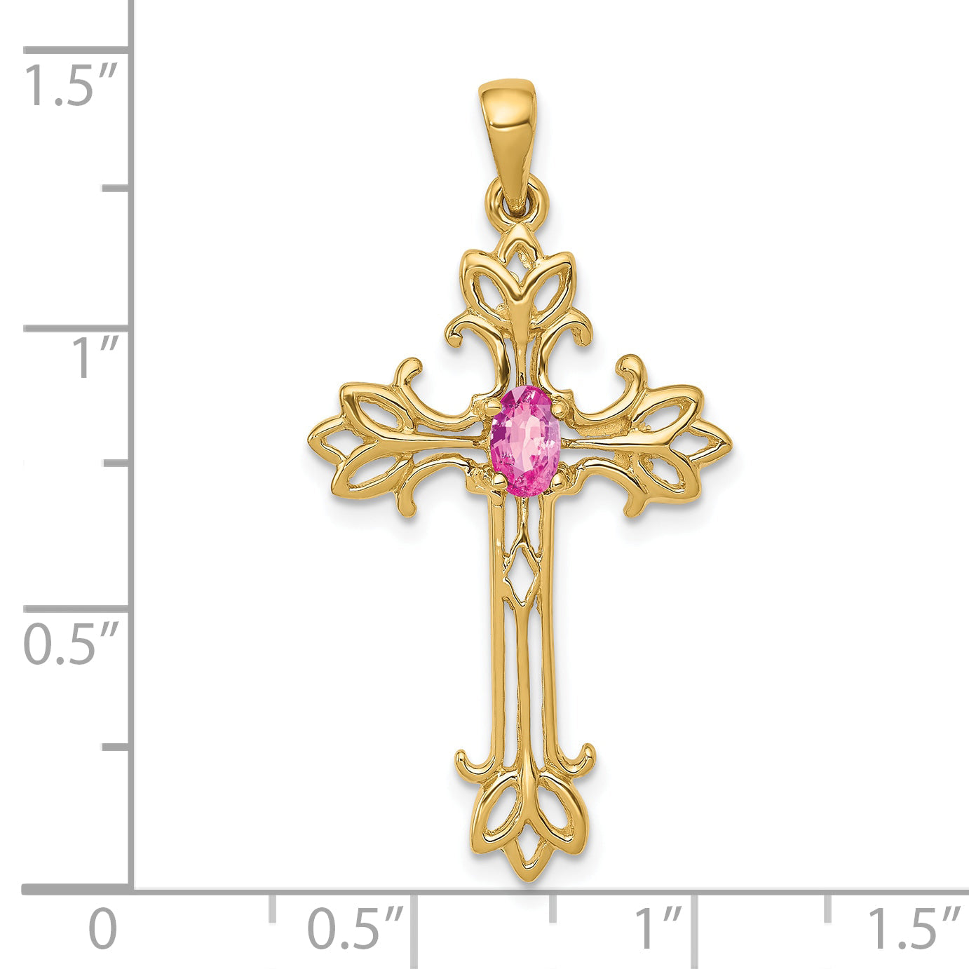 10K Yellow Gold 5X3mm Oval Pink Sapphire Cross Pendant