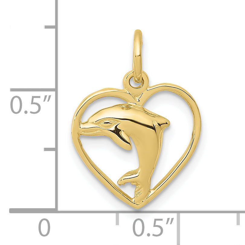 10K Yellow Gold Dolphin In Heart Charm