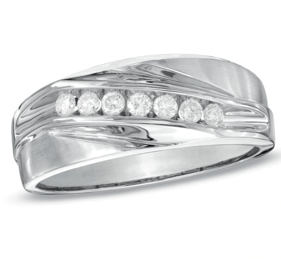 $800 Men's 1/4 CT. Diamond Seven Stone Wedding Band in 14K White Gold