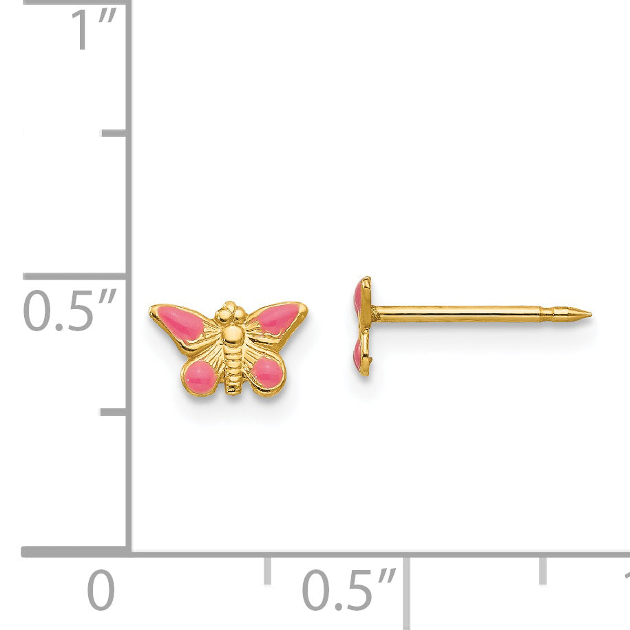 14K Yellow Gold Inverness Epoxy Fill Pink Butterfly Earrings