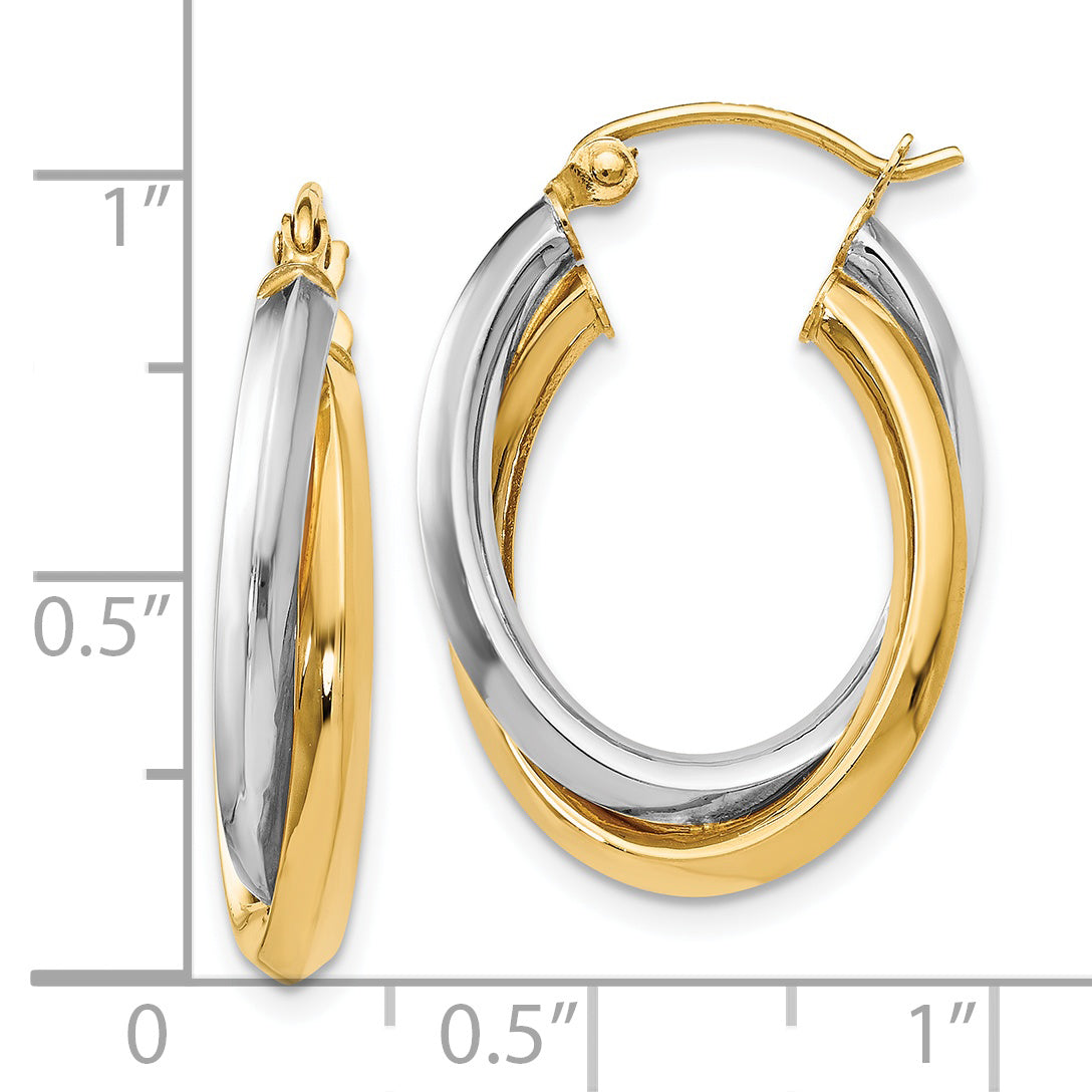 14K Two Tone Polished Oval Hinged Hoop Earrings