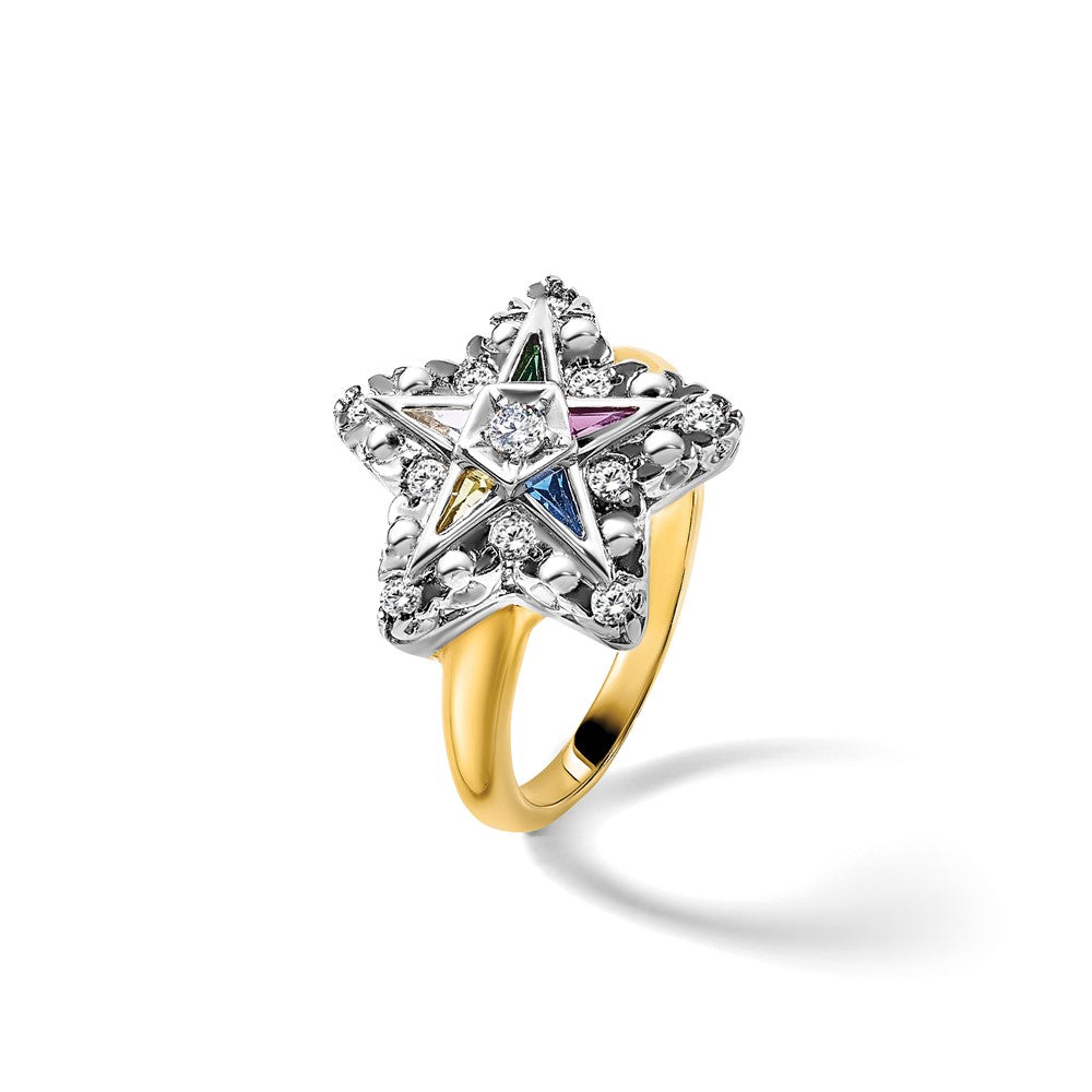 10K Two-Tone Ibgoodman Women'S Polished And Beaded With Multi-Color Cz Diamond Eastern Star Masonic Ring