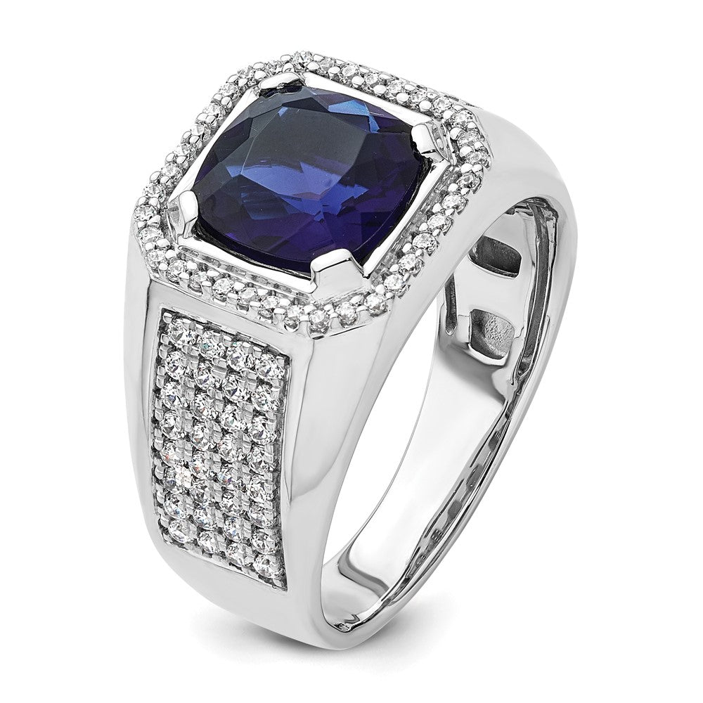 14k White Gold 7/8 Ct. Lab Grown Diamond VS/SI+ G+ and Created Blue Sapphire Men's Ring