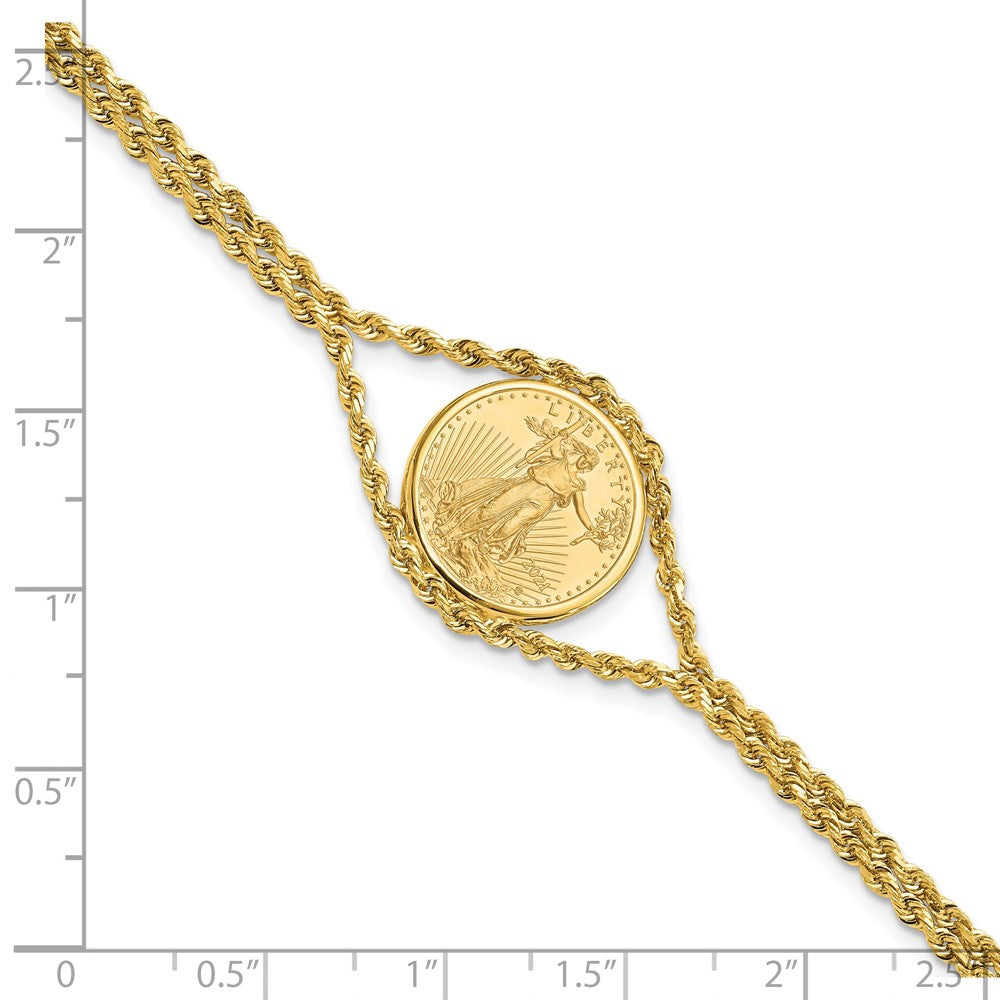 14K Yellow Gold Wideband Distinguished Coin Jewelry Polished Double Rope Mounted 1/10Oz American Eagle Prong Set Bezel Bracelet