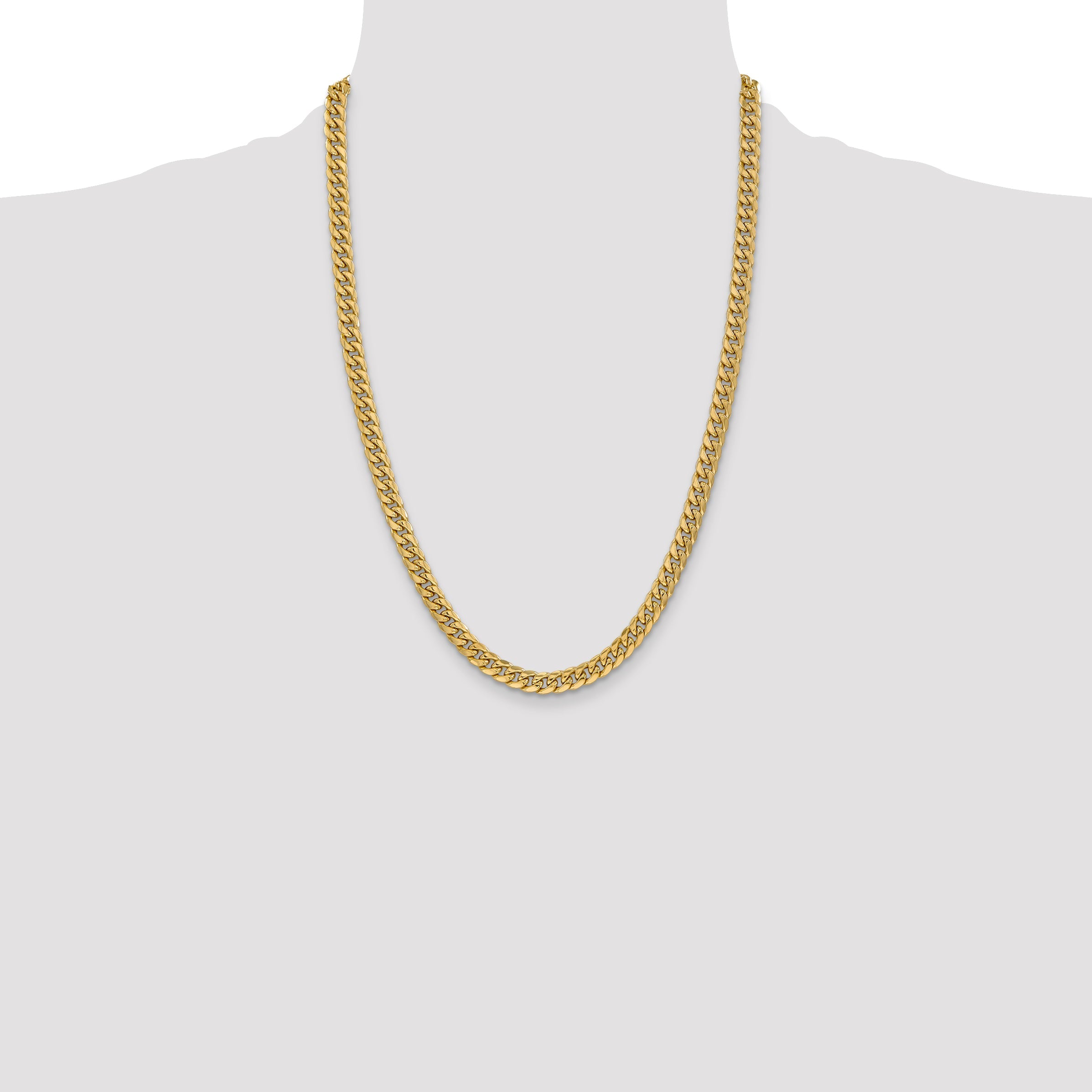 14K Yellow Gold 24 Inch 6mm Semi-Solid Miami Cuban With Lobster Clasp Chain Necklace