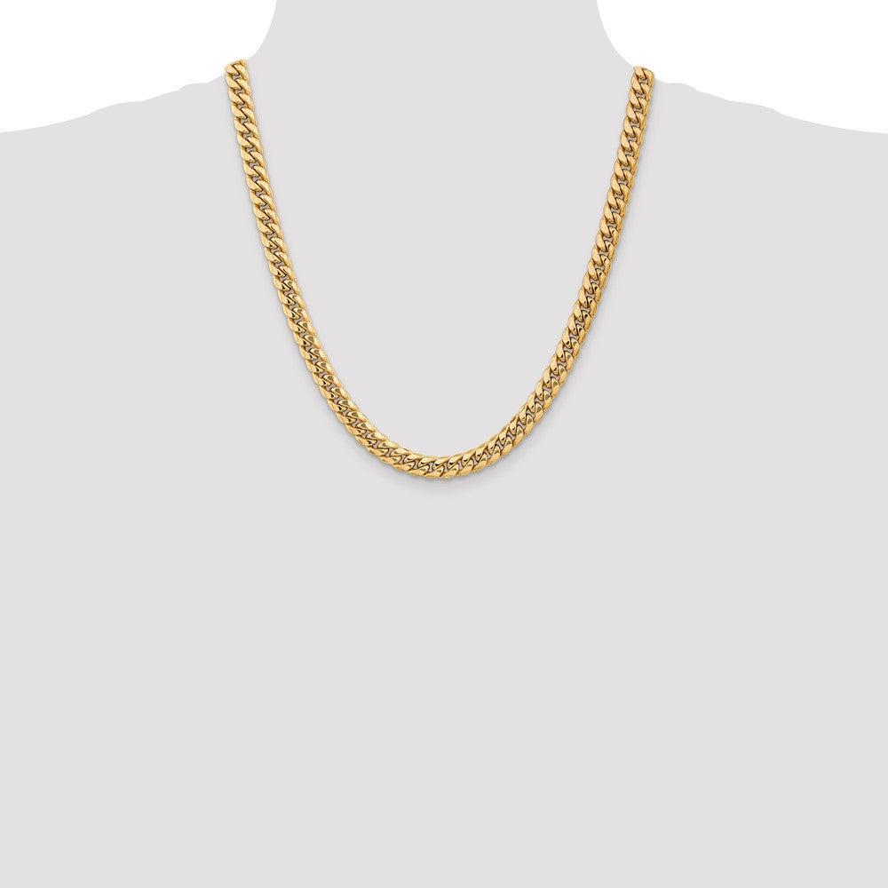 14K Yellow Gold 22 Inch 7.3mm Semi-Solid Miami Cuban With Lobster Clasp Chain Necklace